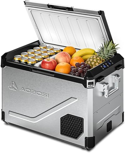 AAOBOSI Kompressor Kühlbox 60L Edelstahl, mit APP, -20°C bis 20°C, 12V 230V | Edelstahl-Gehäuse, APP-Fernsteuerung, Kompressor-Kühlbox -20°C bis 20°C, LED, leise, 12V 24V 230V AC