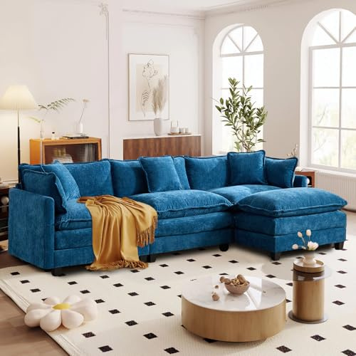 SoarFlash Modulares Wohnzimmer-Sofa, Chenille mit Doppelkissen, Blau 3-Sitzer + 1 Hocker(L)