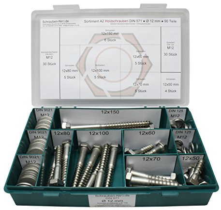 Sortiment DIN 571 Edelstahl A2 Schlüsselschrauben Durchmesser 12,0 mm, 90 Teile ; Sechskant/Holzschrauben inc. Scheiben, Material VA V2A