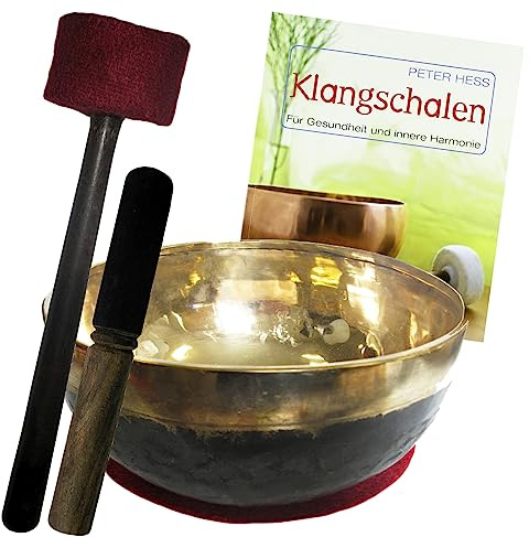 Klangschale Bengali 5-teiliges Klangmassage Set mit BUCH von Peter Hess. Therapie-Qualität: KLEINE BECKENSCHALE ca. 1500-1600g ca. 21-23cm mit Kissen, Reibe- & Filz-Therapie-Klöppel. 70172