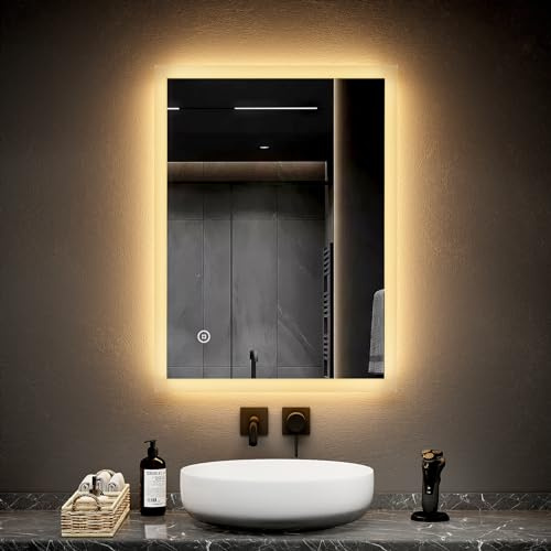 EMKE LED Badspiegel 80x60cm Badezimmerspiegel mit Beleuchtung 3 Lichtfarbe 3000-6400K kaltweiß Neutral Warmweiß Lichtspiegel Badezimmerspiegel mit Touchschalter+Beschlagfrei IP44 energiesparend