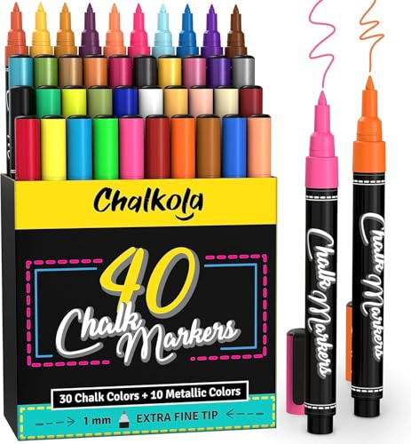 Chalkola 40 Kreidestifte für Tafel Abwaschbar - Kreidemarker für Fenster | 1mm Kreidestifte mit Umkehrbarer Rundspitze & Metallic, Glasstifte, Chalk Marker für Auto, Spiegel & Tafel, Fenstermalstifte