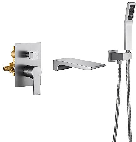 SHAMANDA Wasserfall-Wandmontierte Badewannenarmatur mit Handbrause, Badezimmer-Einhebel-Wannen-Wasserhahn-Set aus modernem Messing (inkl. rauem Ventilkörper und Zierleiste), gebürstetes Nickel, L901-2
