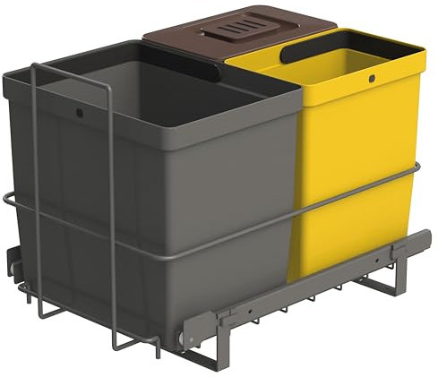 LM 79/3A Einbau Mülleimer ausziehbar Abfalleimer Korbauszug 16L Eimer anthrazitfarben, 8L Mülleimer gelb, 8L Mülleimer braun mit Deckel, 33,2x48x35,5 cm, Mülltrennsystem Küche Unterschrank