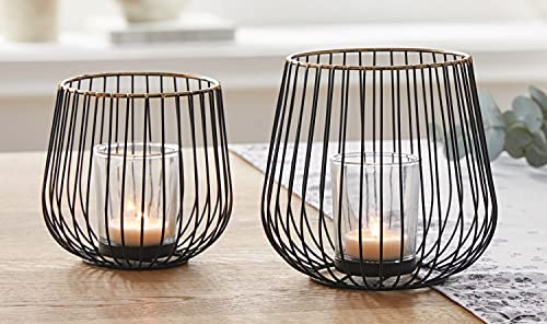 Dekoleidenschaft Windlicht „Modern“, 2er Set, aus Metall & Glas, 11 & 13 cm hoch, Teelichthalter, Kerzenhalter mit Goldrand, Teelichtgläser, Glaswindlicht