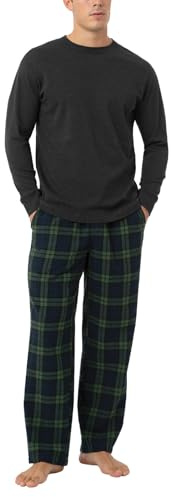 LAPASA Herren Pyjama-Set Relaxed Fit Schlafanzugset, Flanell Hose & Baumwolle Top M79, Dunkelgrau + Grün&blaues Karomuster, L