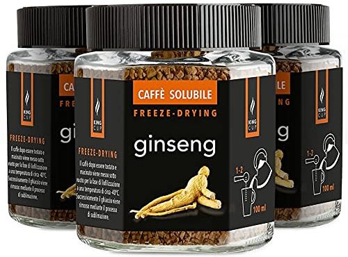 King Cup - 3 pots de 50gr chacun de café soluble au ginseng, café au ginseng aromatisé instantané avec solubilité supplémentaire, idéal pour le petit-déjeuner, le brunch, sans gluten, végétalien