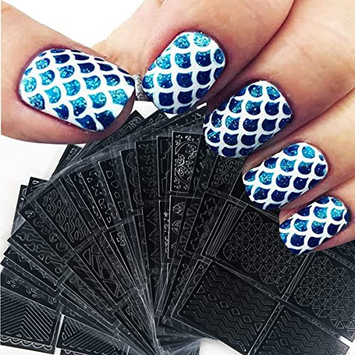 Nail Stencils for Nail Art Reusable,Nail Vinyl Stencils Sticker 144 Pieces 72 Designs,Hollow DIY Manicure Decoration Decals French Tip Nail Guides Supplies（24 Sheets）.