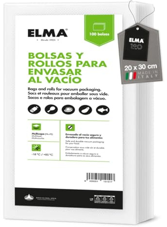 Bolsas Vacío Alimentos, Bolsas Envasar al Vacío Alimentos | Sistema Gofrado, Diseño Multicapa, Sin BPA, Fabricación Italiana | 20 x 30 cm, 100 Unidades