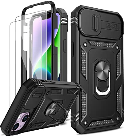 LeYi für iPhone 14 Hülle [2 Schutzglas] mit Kameraabdeckung Schieben Militärschutz Handyhülle i Phone 14 Case mit 360° Drehbarer Ständer Stoßfest Schutzhülle-Schwarz