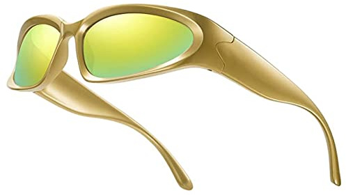 YUELUQU Futuristisch Sonnenbrillen Fahrradbrille für damen herren Y2K Sportbrille UV400 Schutz party brille rennrad brille (Gold(R)-Grün(L))