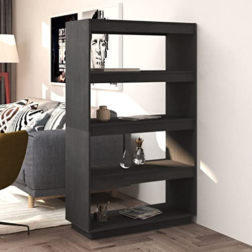 WIFESE Bücherregal 80x35x135 4 Fächer Raumteiler Holzregal Regal für Wohnzimmer Arbeitszimmer Würfelregal Grau Standregal Bookshelf Hochschrank Aufbewahrungsregal Aktenregal Massivholz Kiefer