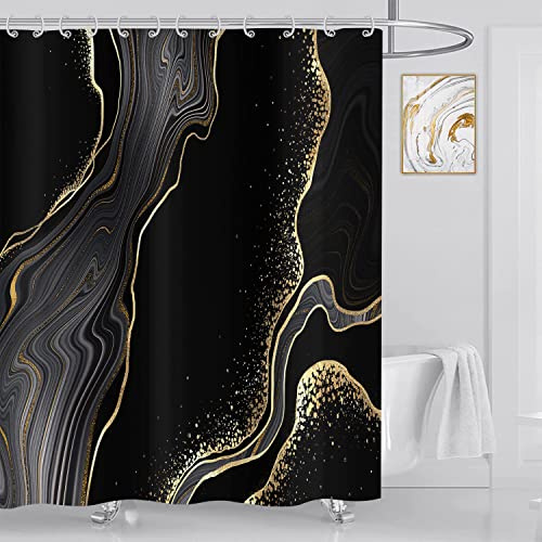 ASDCXZ Marmor Duschvorhang Schwarz Gold 180x200 cm, Modern Abstrakt Schwarz Gold Marmor Optik Textur Waschbar Bad Duschvorhänge Polyester Textil Wasserdicht Duschvorhang für Badewanne mit 12 Hake