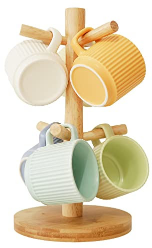 E-ROOM TREND Tassenhalter | 1 Stück Becherhalter aus Holz | mit 6 Hölzerne Tasse Rack Haken | Kaffeetassenhalter-Organisator für Arbeitsplatte Küche Kaffee Bar Küchentheke (MH171)