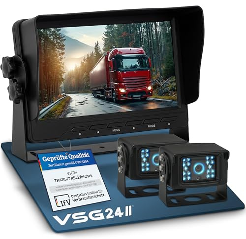 VSG24 Rückfahrkamera Set 7 Zoll Profi HD Transit – wasserdichtes Rückfahrsystem (IP68) mit 2 Kameras – für LKW, Traktor & Baumaschinen – Nachtsicht, 120° Blickwinkel, 2 Videoeingänge – 12V/24V