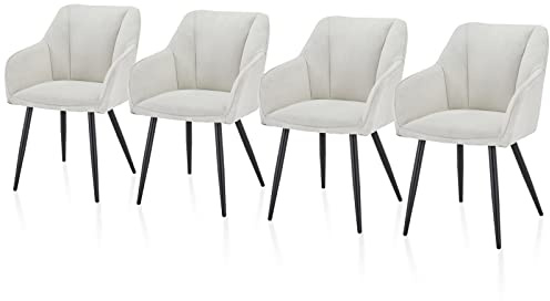 TUKAILAI Esszimmerstühle 4er Set aus Leinenstoff,Küchenstuhl Polsterstuhl Armlehnstuhl mit Armlehnen,Rückenlehnen,weiche Sitzpolster,Metallbeinen,Modern Sessel für Küche Esszimmer Wohnzimmer,Creme