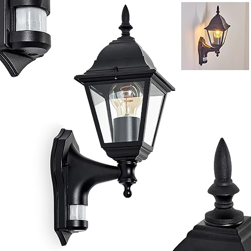 HOFSTEIN Außenwandleuchte Naofe, Außenwandlampe mit Bewegungsmelder aus Metall/Glas in Schwarz/Klar, moderne Wandleuchte im Retro/Vintage/Landhaus-Design, E27, IP44, Eingangsbereich, Haustür, Hof