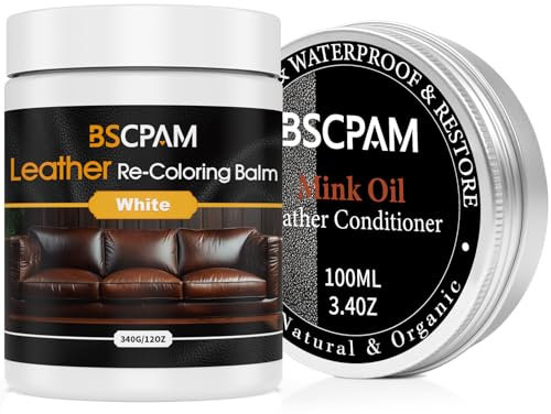 BSCPAM 12oz Leather Recoloring Balm with 3.4oz Leather Conditioner,White Leather Sofa Scratch/Stain Remover,Leather Repair kit for Furniture and Car Interior,Leather Dye Paint,Leather Color Restorer