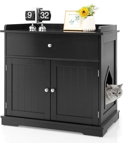 GOPLUS 3 in 1 Katzenschrank, Katzenklo mit Schubladen, Doppeltüren und Katzenlöchern, versteckte Katzentoilette, Katzenstreu-Beistelltisch für Wohnzimmer, Schlafzimmer & Balkon (Schwarz)