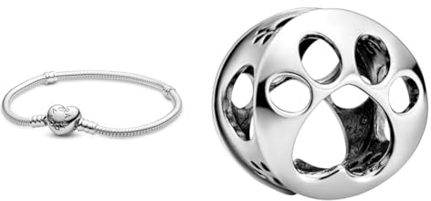Pandora Moments Schlangen-Gliederarmband mit Herz-Verschluss & Offen gearbeiteter Hundepfotenabdruck Charm Sterling-Silber 9 x 11,5 x 11,5 mm (T/H/B)