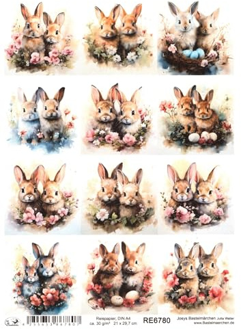 Josys Bastelmärchen Reispapier A4 Strohseide Ostern 2 Süße kleine Häschen Hasen Blumen RE6780