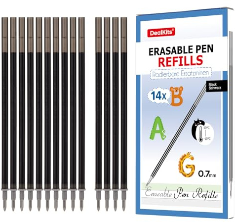 DealKits 14x radierbare Ersatzminen schwarz, 0,7 mm, Kompatibel mit Legami | 0,7 mm Spitze, 13 cm Länge – radierbare Gelschreiberminen mit thermosensitiver Tinte. Ideal für Büro & Schule.