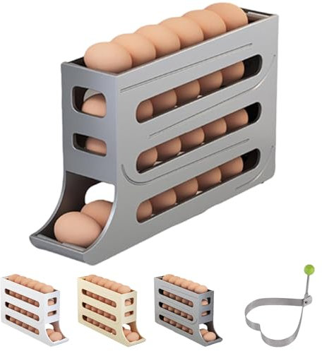 Four-Layer Egg Holder for Fridge – Auto Rolling Fridge Egg Organizer, Stackable Egg Tray for Refrigerator, Space-Saving Egg Dispenser for Refrigerator, Holds 28 Eggs Simultaneously (Grey)
