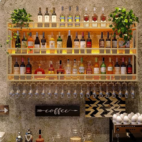 Botellero Vino de Pared Mueble Bar Garrafeira de Vino Wine Rack con Soporte Copas Colgante y Luz LED Mini Bar para Casa para Cocina Barra para Bar Comedor ( Color : Gold-3 layers , Size : 180cm(70.87i