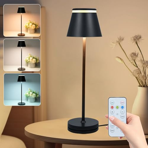 Neoglint Wiederaufladbare kabellose LED-Tischlampe, Nachttischlampe mit kabelloser Ladestation und Fernbedienung, Touch-Schreibtischlampe im modernen Design mit Timer – Schwarz