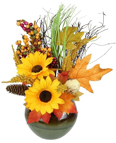 Künstliches Herbst-Gesteck im Topf mit Sonnenblume Weizen Beeren Zapfen Herbstliche Blumen Kunstblume Pflanze Blumendeko Herbstblumen Dekoblume Herbstlaub Tischdeko Mittelstück Dekoration