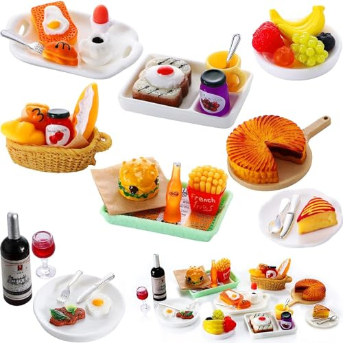 Accessori Casa delle Bambole in Miniatura, 1:12 Accessori da Cucina in Miniatura, Mini Cibo per Casa delle Bambole con Hamburger Patatine Fritte Torte Toast Frutta, Set Cucina Miniatura Cibo