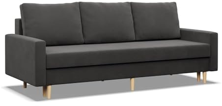 Mebligo - Sofa mit Schlaffunktion und Bettkasten Blank, 3 Sitzer Sofa 212 cm Breit, Schlafsofa, Ausziehbares Couch auf Holzfüßen,Schlafcouch - Grau