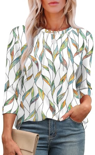 Aokosor Womens 3/4 Sleeve Tops Ladies Blouses Crew Neck Pleated Shirts Fashion Dressy Tunic Blouses Size 14-16 Colorful Leaf