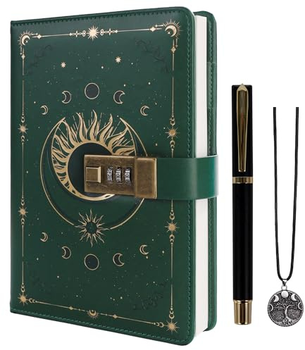 TIEFOSSI Journal intime avec cadenas, journal solaire vintage avec cadenas pour femmes et hommes, carnet rechargeable A5 avec cadenas pour écrire, 224 pages numérotées