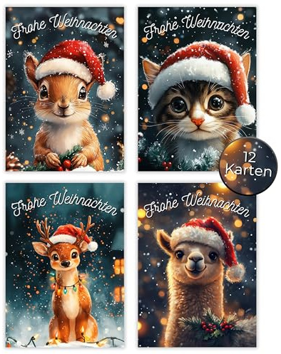 HIDEBLOOM Weihnachtskarten Tiere - 12 Stück - DIN A6 (10,5 cm x 14,8 cm) - Weihnachtspostkarten ohne Umschlag - Postkarten Weihnachten - Weihnachtskarten Set Tiere