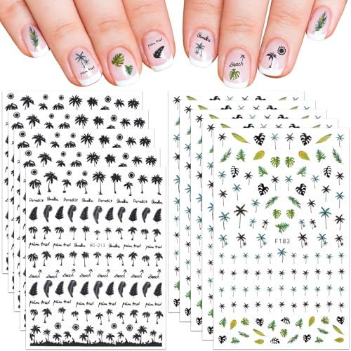 CTEAKOP - 10 hojas 3D de palmera de verano para uñas, 1000 unidades, adhesivos tropicales, para surf, playa, uñas, decoración de manicura