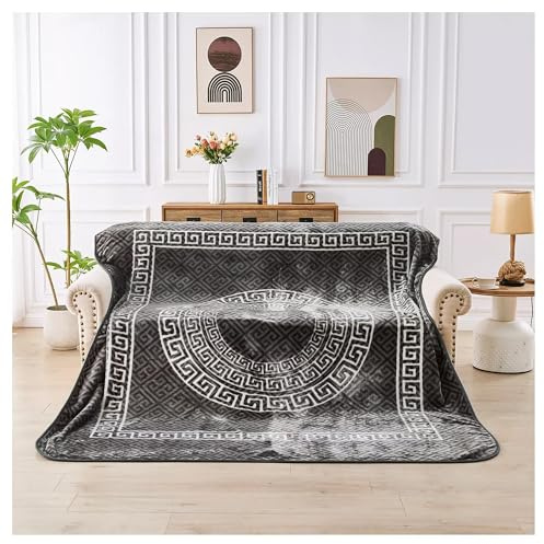 Lions Fleece Throw Blanket Charcoal - Greek Key Extra Large Throws for Sofas, Super Soft Thermal Warm Cosy Blankets for Sofa Bed Settee, Faux Fur Mink Throw, King Size - 200x240cm
