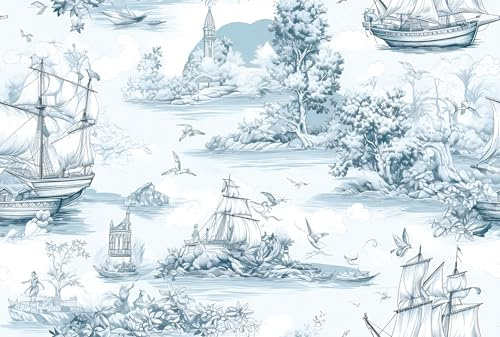 ReWallpaper Papier Peint Adhesif Mural Toile De Jouy 44.5CMx7M Bleu Blanc Papier Adhesif pour Meuble Porte Tiroir Rouleau Adhésif Motif Voile Papiers Peints Autocollants Chambre Adulte