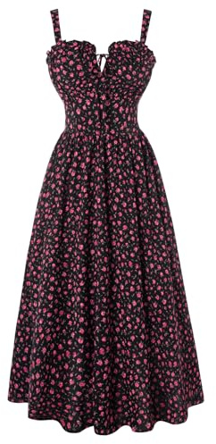 SCARLET DARKNESS Abito estivo da donna, lungo, senza maniche, stampa floreale, in chiffon, con spalline sottili, con tasche, Fiori rosa nero, M