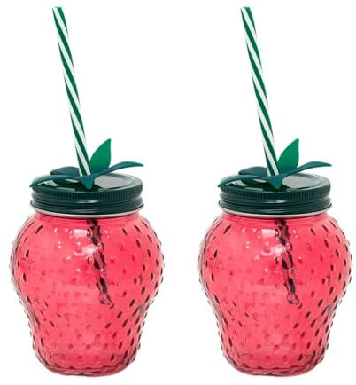 Carousel Home Pack of 2 Strawberry Glass Drinking Jars with Lid & Straw | Fun Summer Red Strawberry Mason Jars | Novelty Glasses for Picnics, Parties & Outdoor Cocktails - 450ml