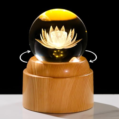 Arikyrist 3D Lotus Flower Crystal Ball Rotatable Gifts for Women with Light | 2.36 Crystal 3D Lotus Flower Ball Gifts with LED Rotatable Base Floral Figurine Lotu FengShui Ornaments Glass Paperweight
