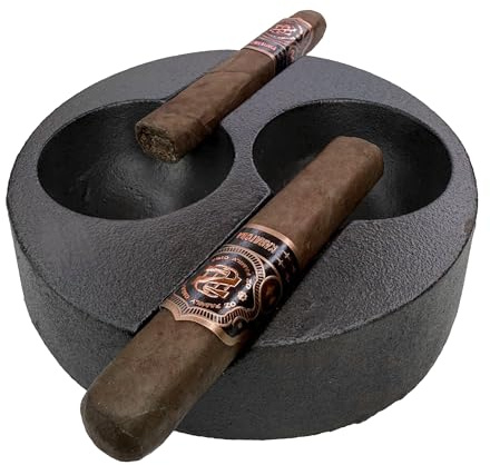 Rustic State Habano Cast Iron Cigar Ashtray for Outside Patio with Double Slot Rest Windproof Round Design Antique Ash Disposal for Indoors Outdoors - Black