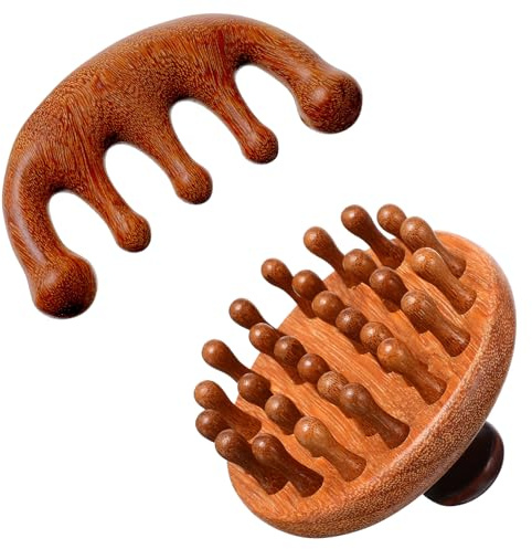 Trinkrittey 2 Pack Wooden Scalp Massager Comb Wooden Hair Brush Head Gua Sha Brush Hair Scrubber Portable Handheld Hairs Growth Tool for Women Men Hairs Growth Stress Relief Spa