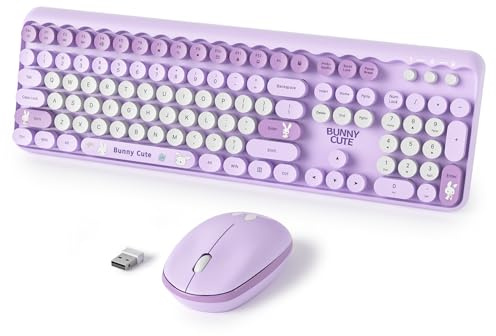 Vumilstek Cute Purple Keyboard and Mouse Set Wireless, American QWERTY Retro Typewriter 2.4GHz Full Size Round Keys with Number Pad for Students Home Office PC Laptop(Bunny Purple)