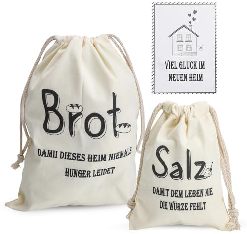 XRVRILE 2 Stück Brotbeutel mit Glückwunschkarte,Brot und Salz Geschenk Zum Einzug Brotbeutel Leinen, Hauswarming,Umzug Brottasche Brotkorb aus Stoff für Freund Familie Neue Nachbarn (Kein Essen)