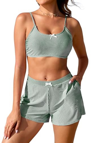 SHEKINI Women Two Piece Bikini Set with Pocket High Wasited Swimsuit Shorts | Padding, Adjustable Straps, Ties Back, Built-in Brief, Striped, Bow Decoration