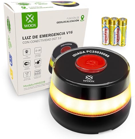Woox Baliza V16 Homologada DGT con Geolocalización, Luz de Emergencia Coche Homologado con SIM y Datos Gratis hasta 2038, Certificado DGT 3.0, IP54, Sin Apps ni Suscripciones, Base Imantada