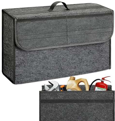 VINATO Rangement Coffre de Voiture en Feutre, Pliable Organisateur de Coffre Voiture avec 2 Poches en Filet, Sac de Rangement, 44x15x28cm, pour Outils et Entretien Automobile Accessoires