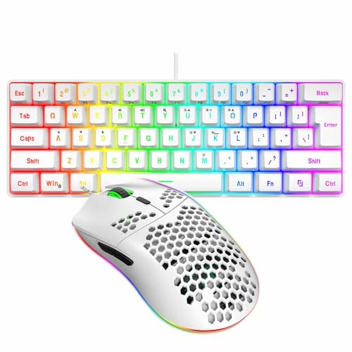 Asixxsix Combo de Teclado y Mouse para Juegos RGB con Cable al 60%, Mouse para Juegos de 6400 dpi, Mini Teclado retroiluminado RGB de 61 Teclas, para de PC y portátiles. (Conjunto Blanco)