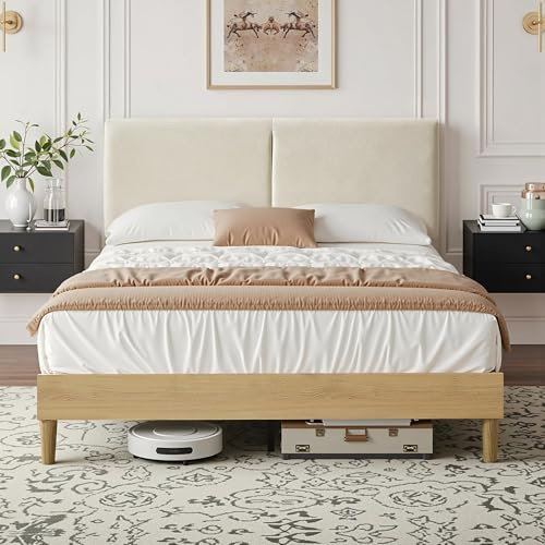 VECELO Polsterbett 140x200 cm, Doppelbett mit Höhenverstellbarem Kopfteil, Baumwoll Leinen Stoff, Stabiler Lattenrost, Geräuscharm und Einfach montierbar, für Gästezimmer, Beige(Ohne Matratze)
